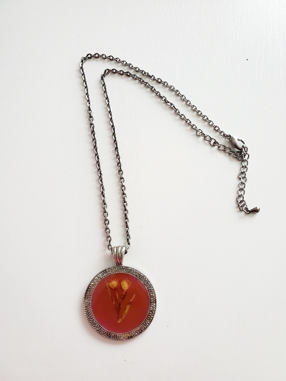 Silver Pendant Necklace with Red Floral Resin Charm
